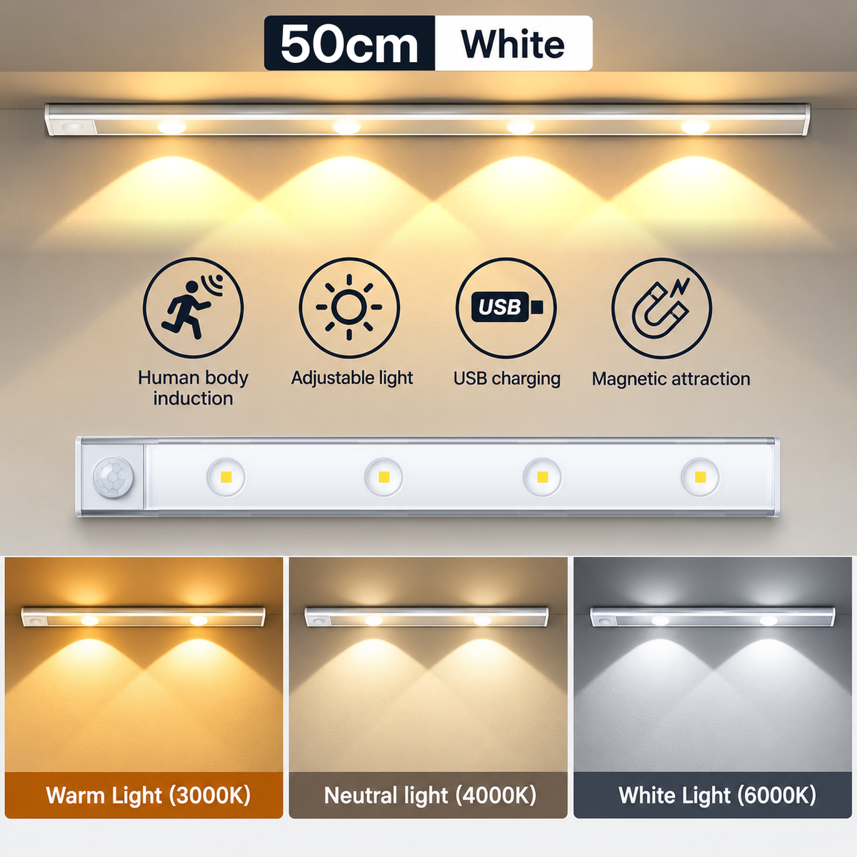 WickBar 50cm motion sensor cabinet light with 4 LEDs, 3 light tones